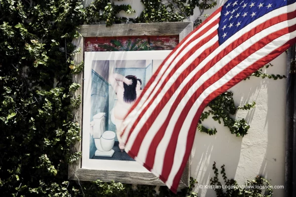 American flag covering a poster of a naked lady in Amelia Island