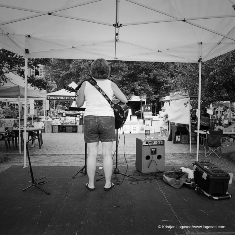 Troubadour playing at the farmers market in Charleston, South Carolina and nobody is listening