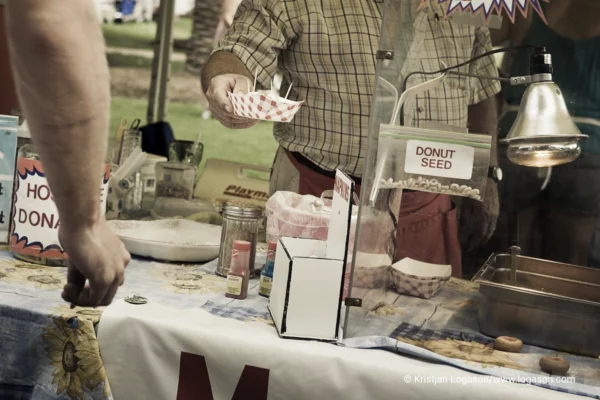 Cheerios shown as donut seeds at a food stand ar farmers market in Charleston, South Carolina