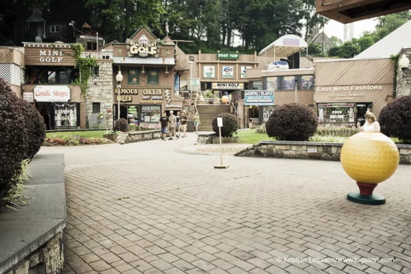 Shopping center square with a big yellow golfball in Gatlinburg, Tennessee