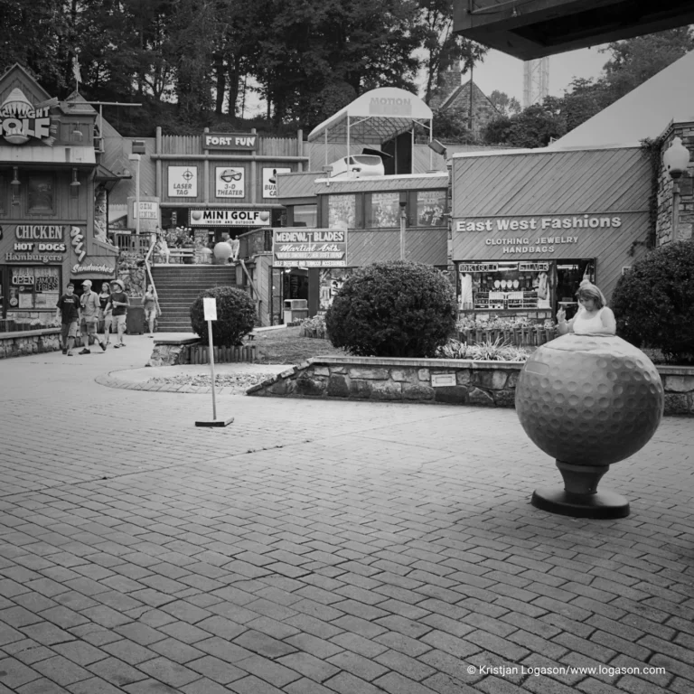 Yellow golf ball on a square in Gatlinburg, Tennessee
